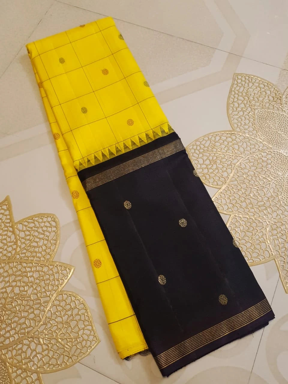 2G Pure Kanjivaram Silk Saree in Bright Yellow with Black Contrast Pallu, Checks and Zari Buttas | Silkmark Certified