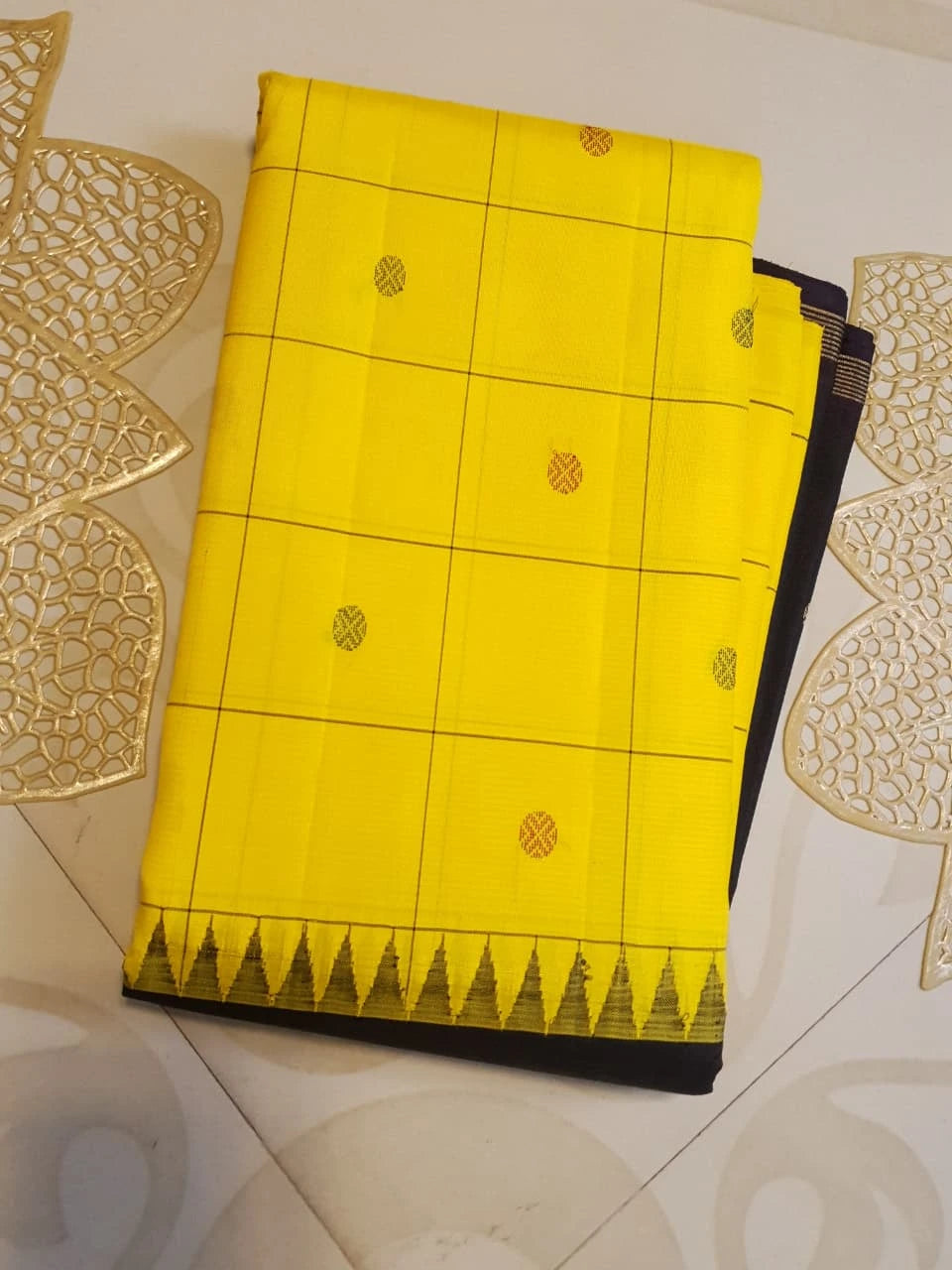 2G Pure Kanjivaram Silk Saree in Bright Yellow with Black Contrast Pallu, Checks and Zari Buttas | Silkmark Certified