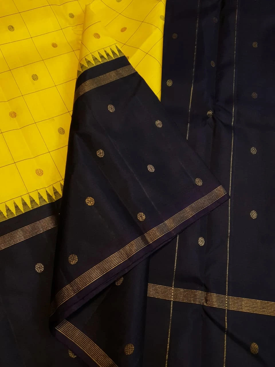 2G Pure Kanjivaram Silk Saree in Bright Yellow with Black Contrast Pallu, Checks and Zari Buttas | Silkmark Certified