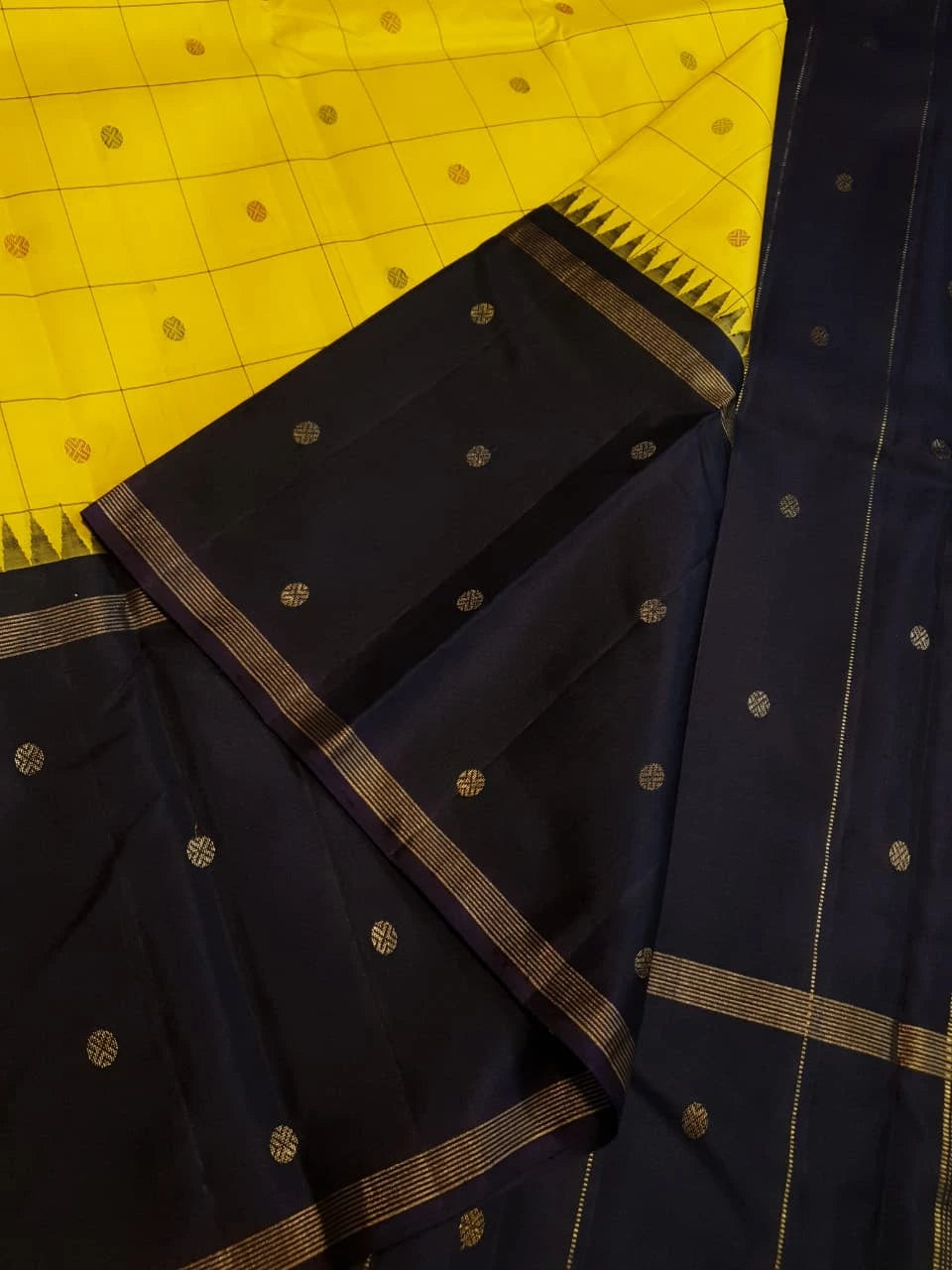 2G Pure Kanjivaram Silk Saree in Bright Yellow with Black Contrast Pallu, Checks and Zari Buttas | Silkmark Certified