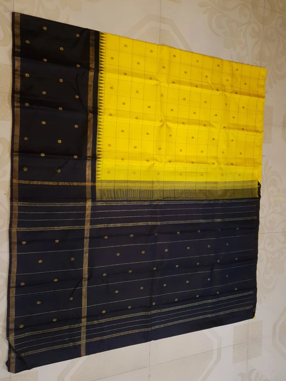 2G Pure Kanjivaram Silk Saree in Bright Yellow with Black Contrast Pallu, Checks and Zari Buttas | Silkmark Certified