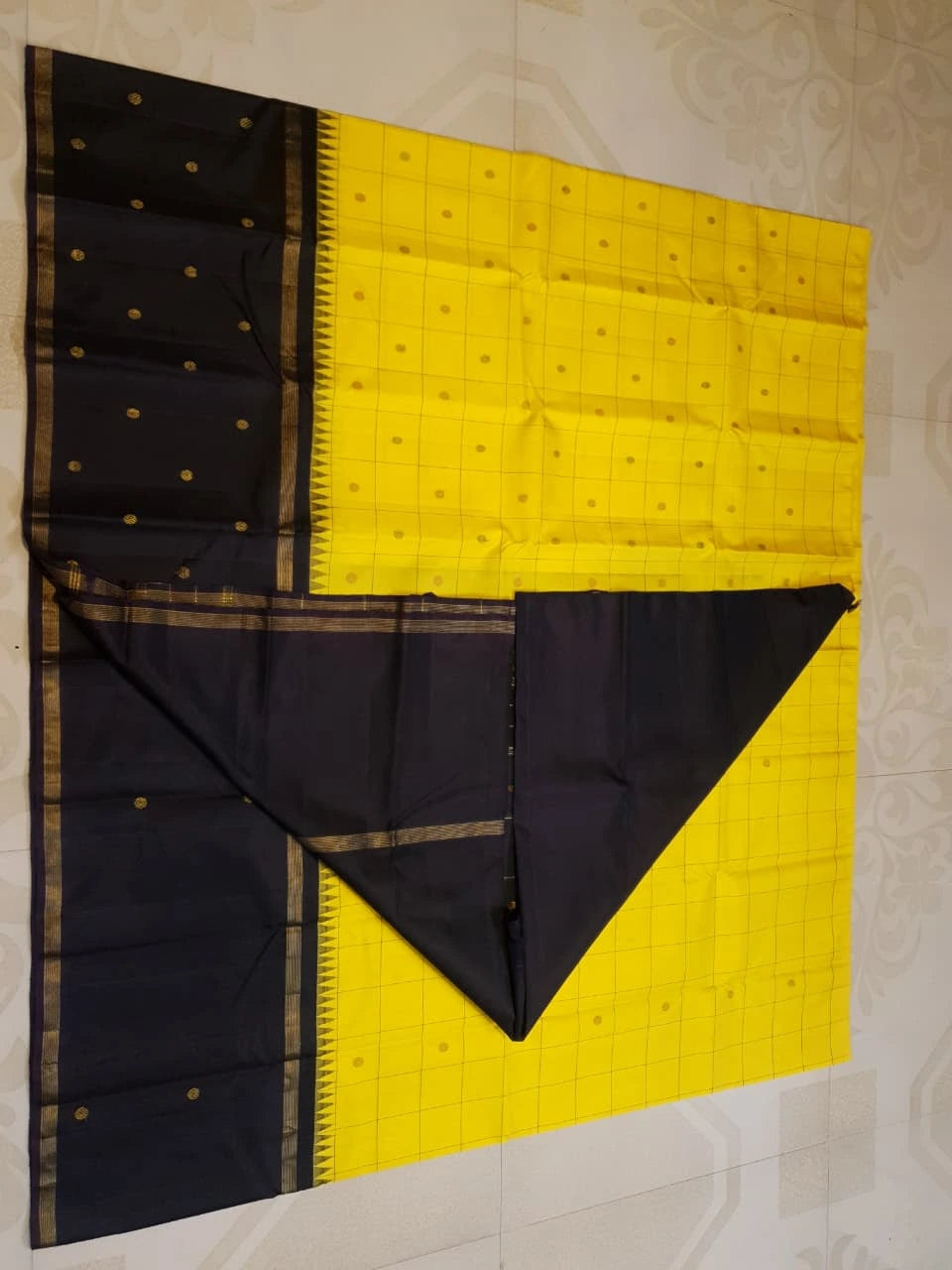 2G Pure Kanjivaram Silk Saree in Bright Yellow with Black Contrast Pallu, Checks and Zari Buttas | Silkmark Certified