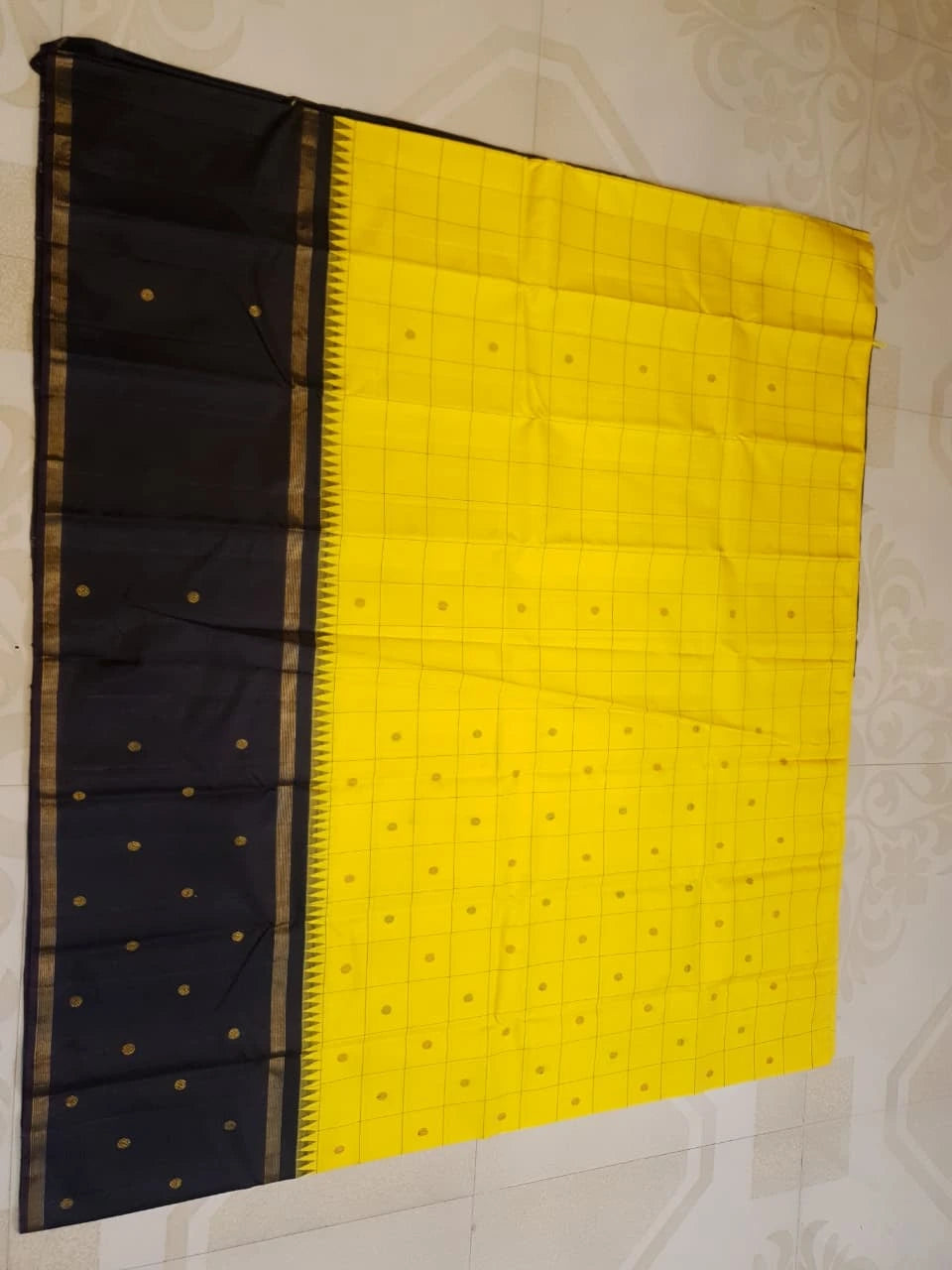 2G Pure Kanjivaram Silk Saree in Bright Yellow with Black Contrast Pallu, Checks and Zari Buttas | Silkmark Certified