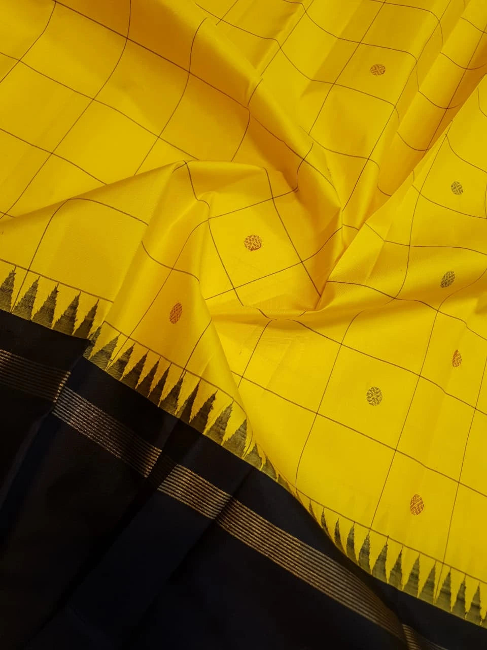 2G Pure Kanjivaram Silk Saree in Bright Yellow with Black Contrast Pallu, Checks and Zari Buttas | Silkmark Certified
