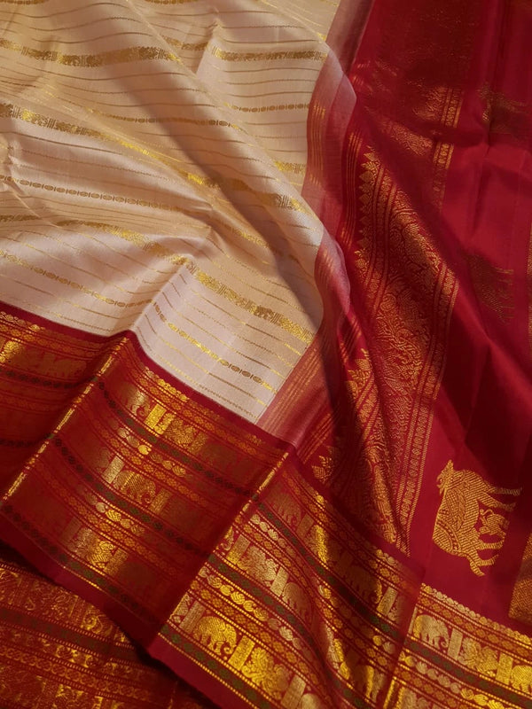 2G Pure Korvai Kanjivaram Silk Saree in Peach Cream with Maroon Contrast Elephant Zari Border | Silkmark Certified