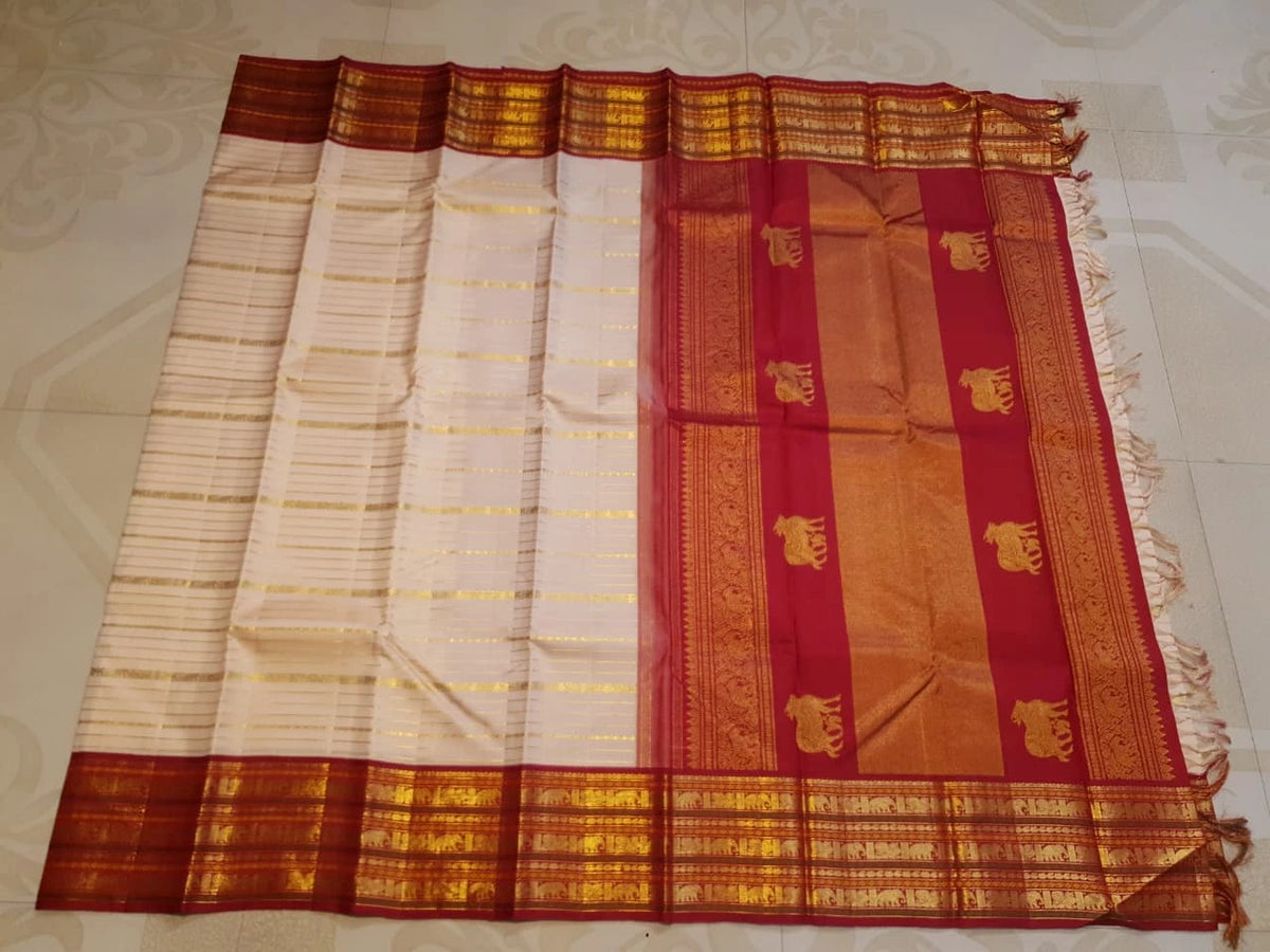 2G Pure Korvai Kanjivaram Silk Saree in Peach Cream with Maroon Contrast Elephant Zari Border | Silkmark Certified