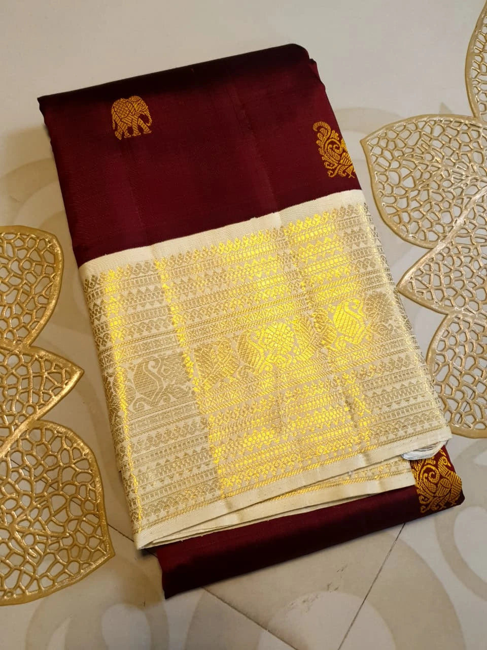 2G Pure Korvai Kanjivaram Silk Saree in Rich Burgundy with Multicolour Zari Buttas and Traditional Gold Zari Border | Silkmark Certified