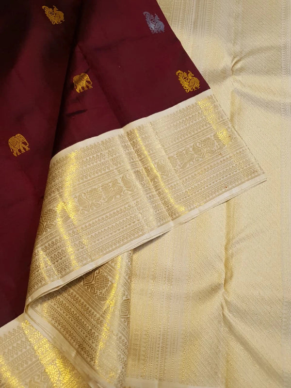 2G Pure Korvai Kanjivaram Silk Saree in Rich Burgundy with Multicolour Zari Buttas and Traditional Gold Zari Border | Silkmark Certified
