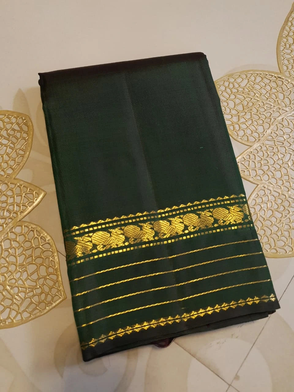 2G Pure Zari Kanjivaram Silk Saree in Deep Bottle Green with Traditional Gold Zari Peacock Border | Silkmark Certified