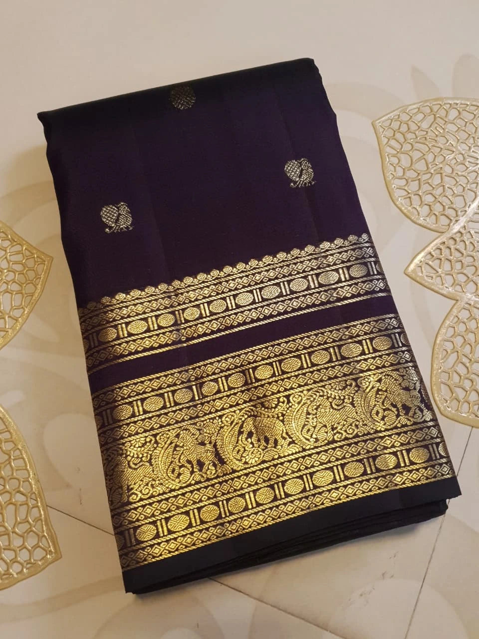 2G Pure Kanjivaram Silk Saree in Deep Purple with Gold Zari Peacock Buttas and Rich Traditional Zari Border | Silkmark Certified