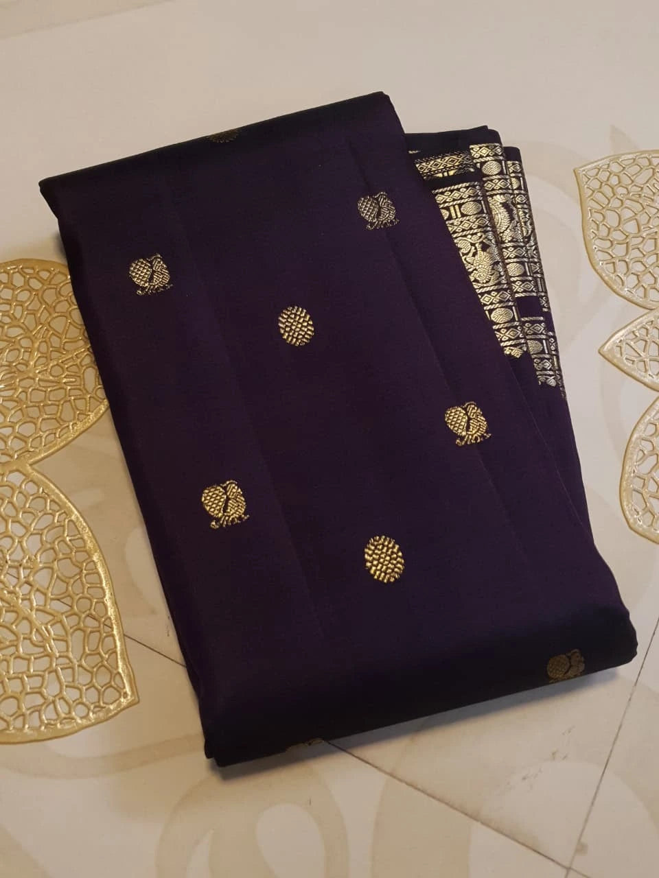 2G Pure Kanjivaram Silk Saree in Deep Purple with Gold Zari Peacock Buttas and Rich Traditional Zari Border | Silkmark Certified