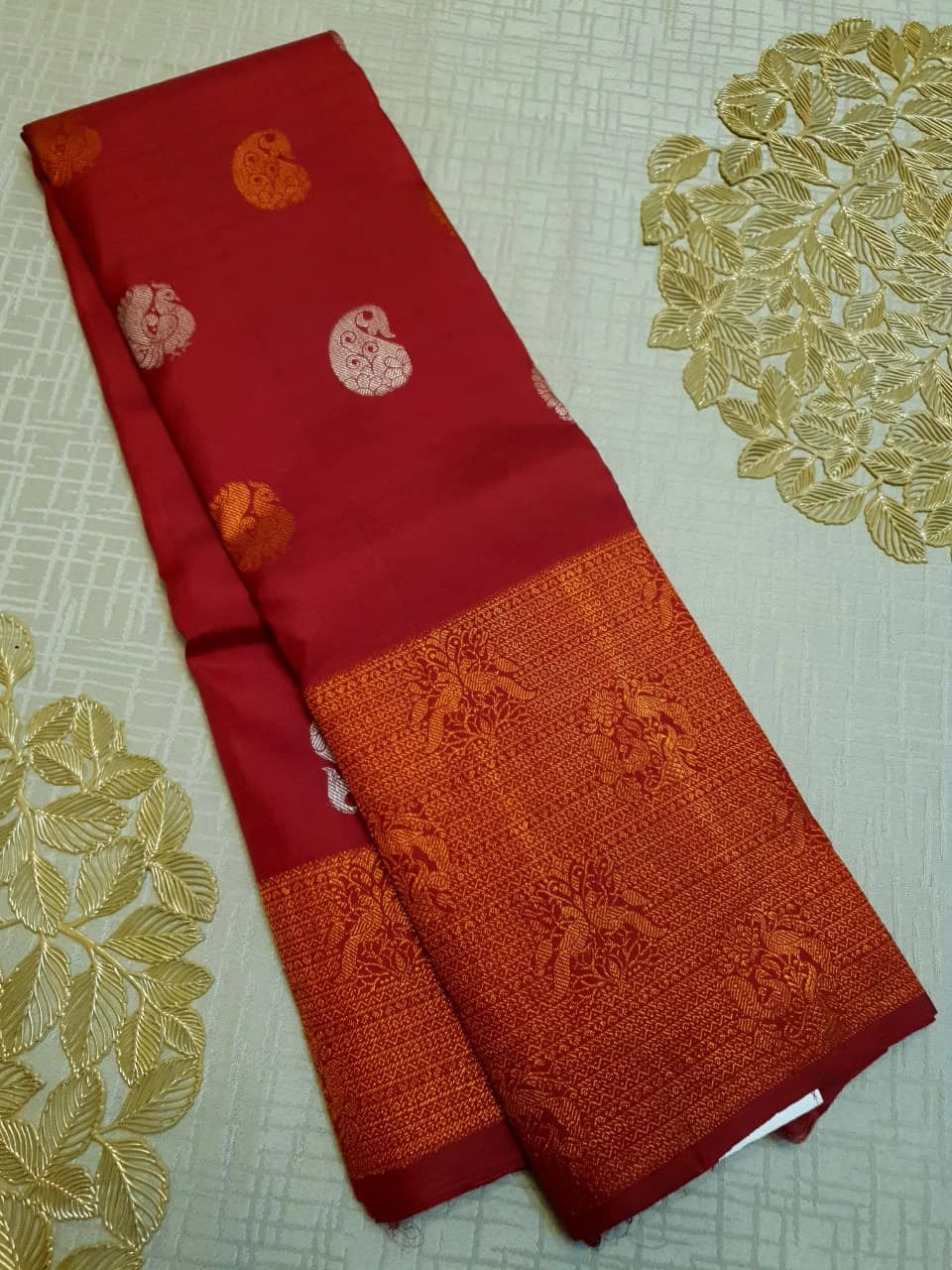2G Pure Kanjivaram Silk Saree in Deep Red with Multicolour Peacock Buttas & Rich Copper Zari Border | Silkmark Certified