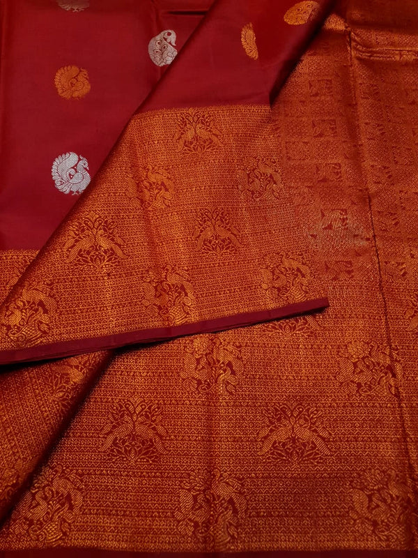 2G Pure Kanjivaram Silk Saree in Deep Red with Multicolour Peacock Buttas & Rich Copper Zari Border | Silkmark Certified