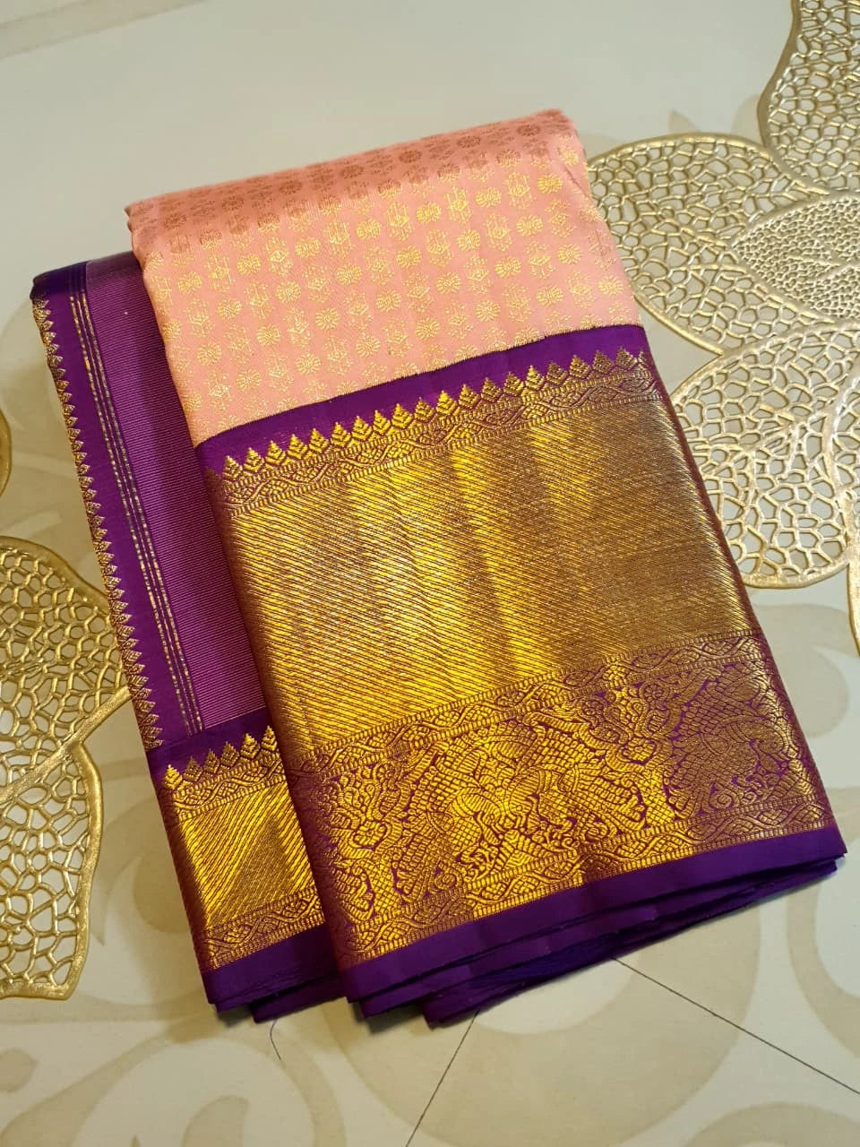 2G Pure Korvai Kanjivaram Silk Saree in Peach Pink with Purple Peacock Border and Rich Gold Zari Pallu | Silkmark Certified