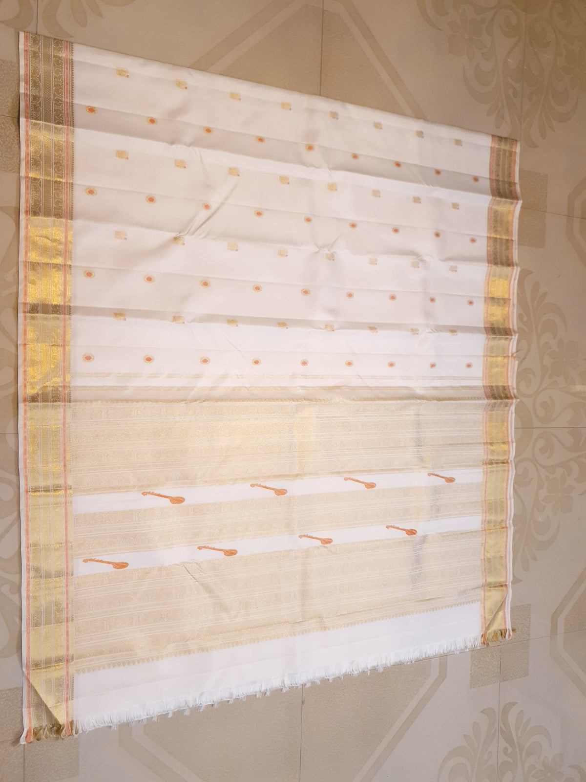 2G Pure Kanjivaram Silk Saree in Off-White with Peach Accents and Peacock Buttas with Rich Gold Zari Border | Silkmark Certified