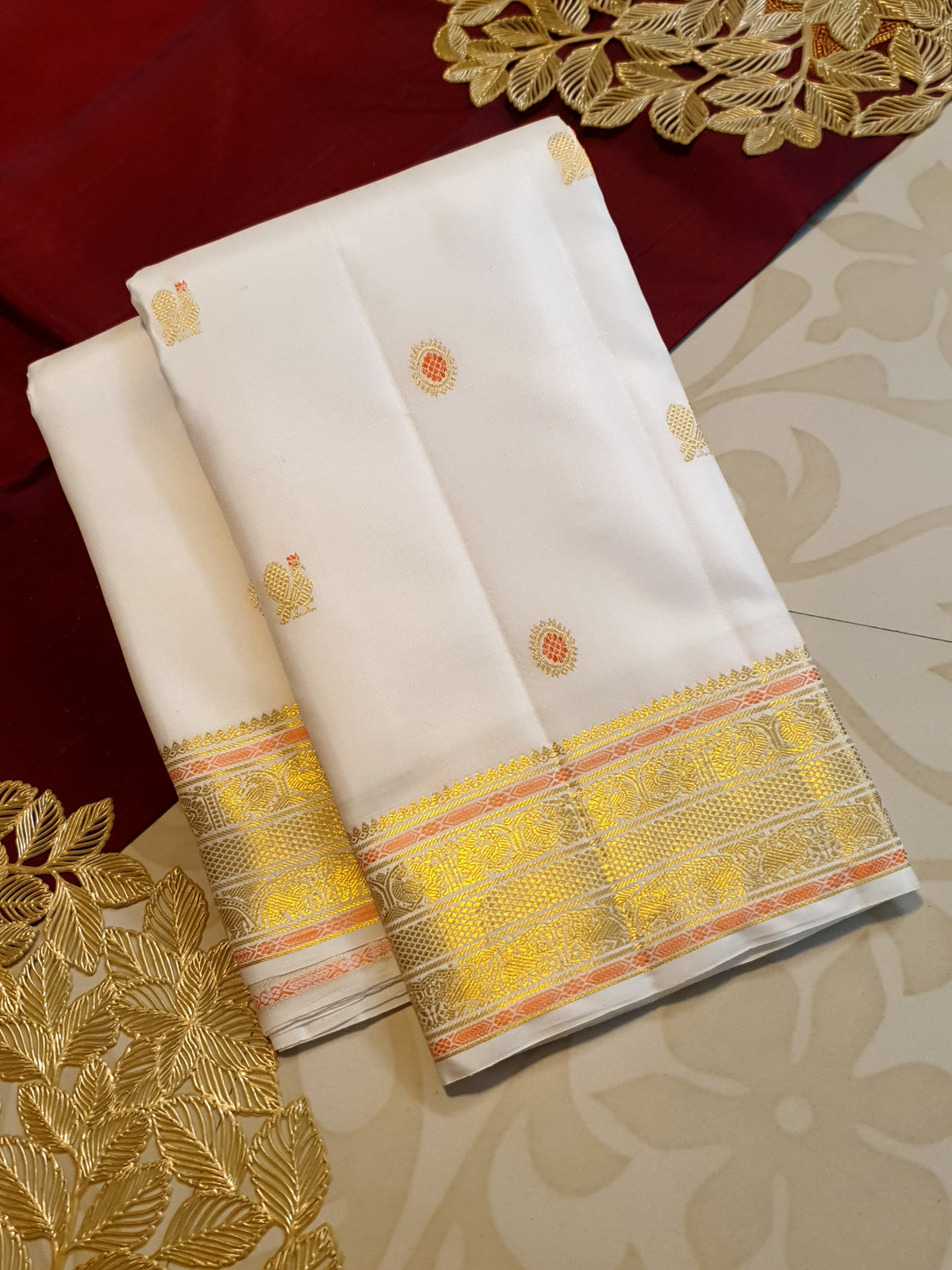 2G Pure Kanjivaram Silk Saree in Off-White with Peach Accents and Peacock Buttas with Rich Gold Zari Border | Silkmark Certified