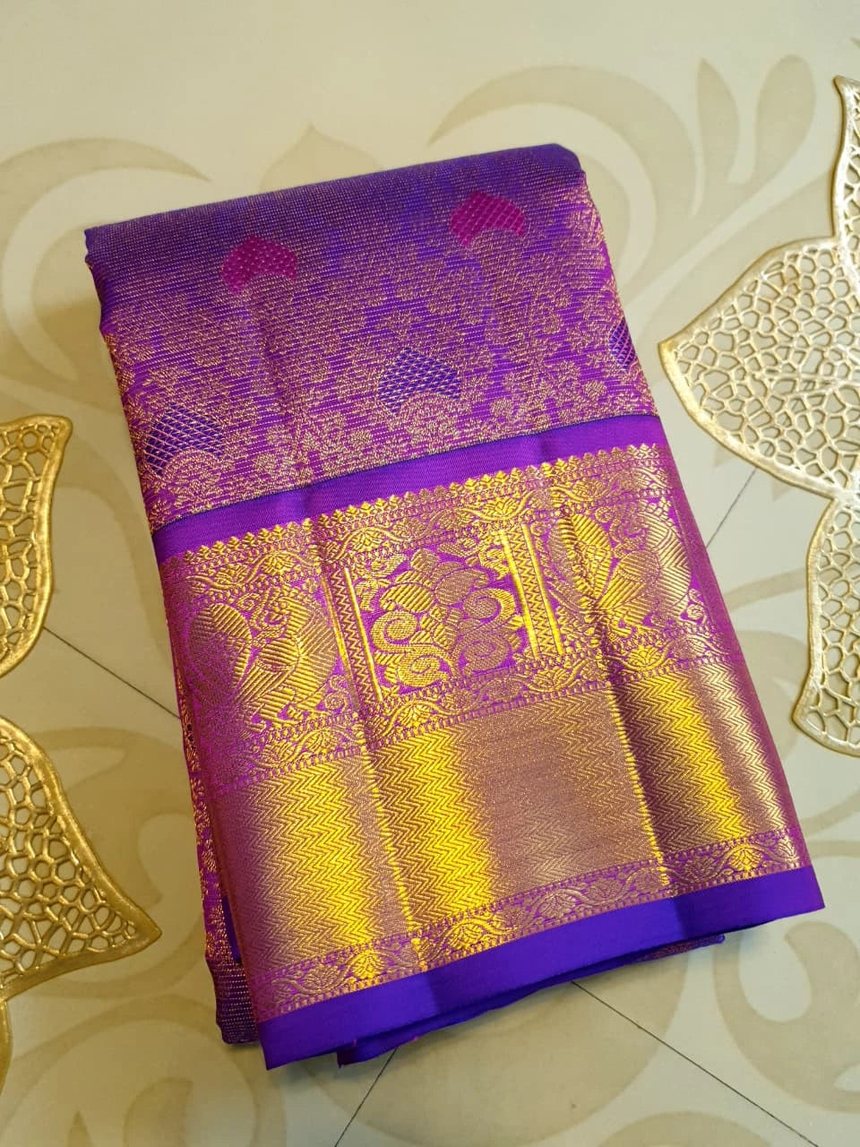 2G Pure Zari Kanjivaram Silk Saree in Rich Purple with Magenta Paisley Buttas and Traditional Gold Zari Border | Silkmark Certified