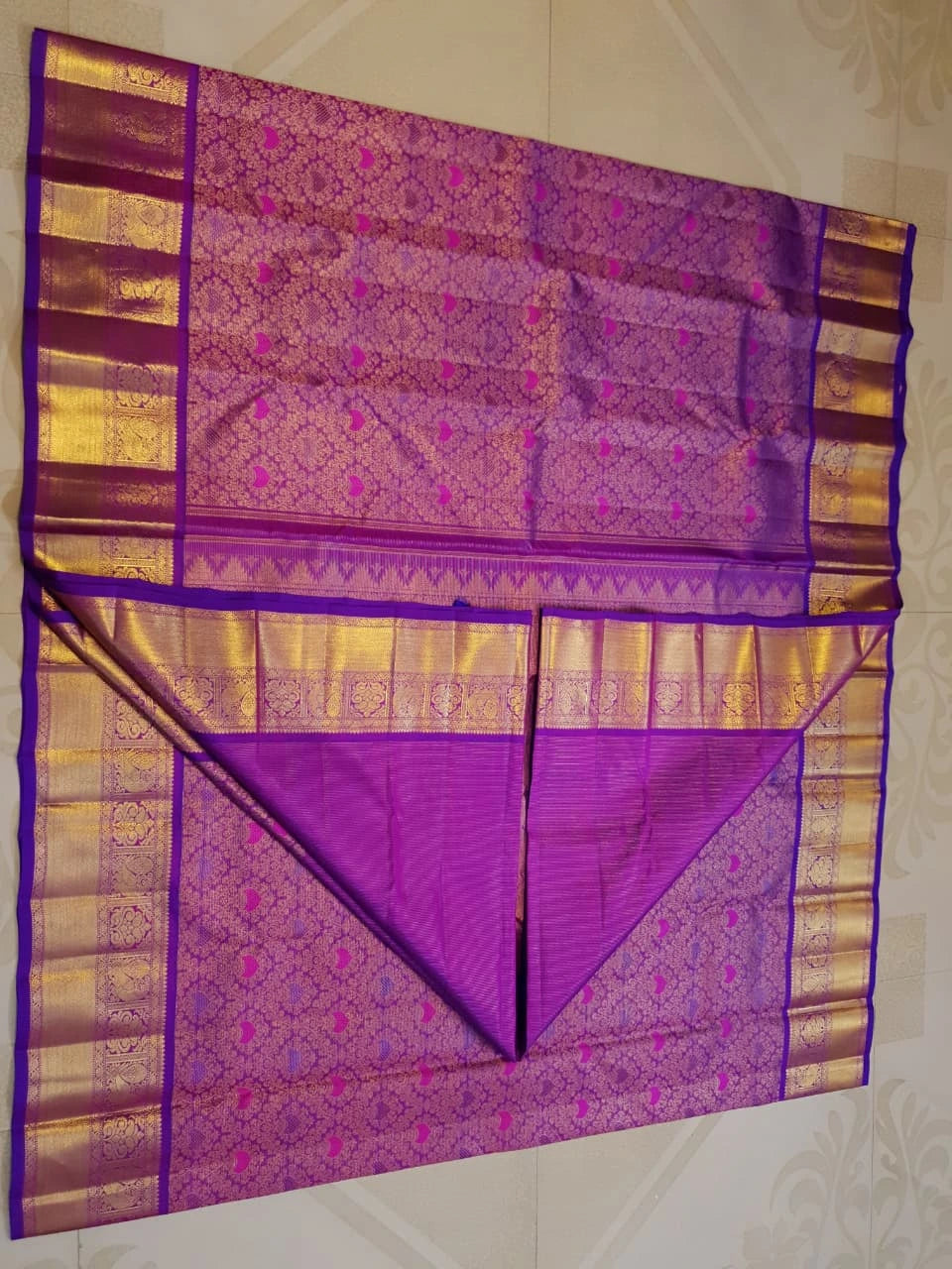 2G Pure Zari Kanjivaram Silk Saree in Rich Purple with Magenta Paisley Buttas and Traditional Gold Zari Border | Silkmark Certified