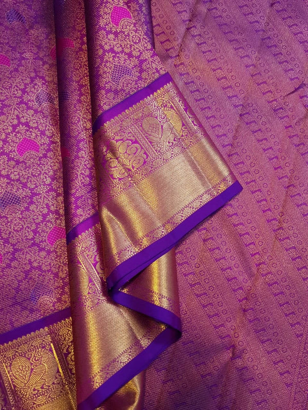 2G Pure Zari Kanjivaram Silk Saree in Rich Purple with Magenta Paisley Buttas and Traditional Gold Zari Border | Silkmark Certified