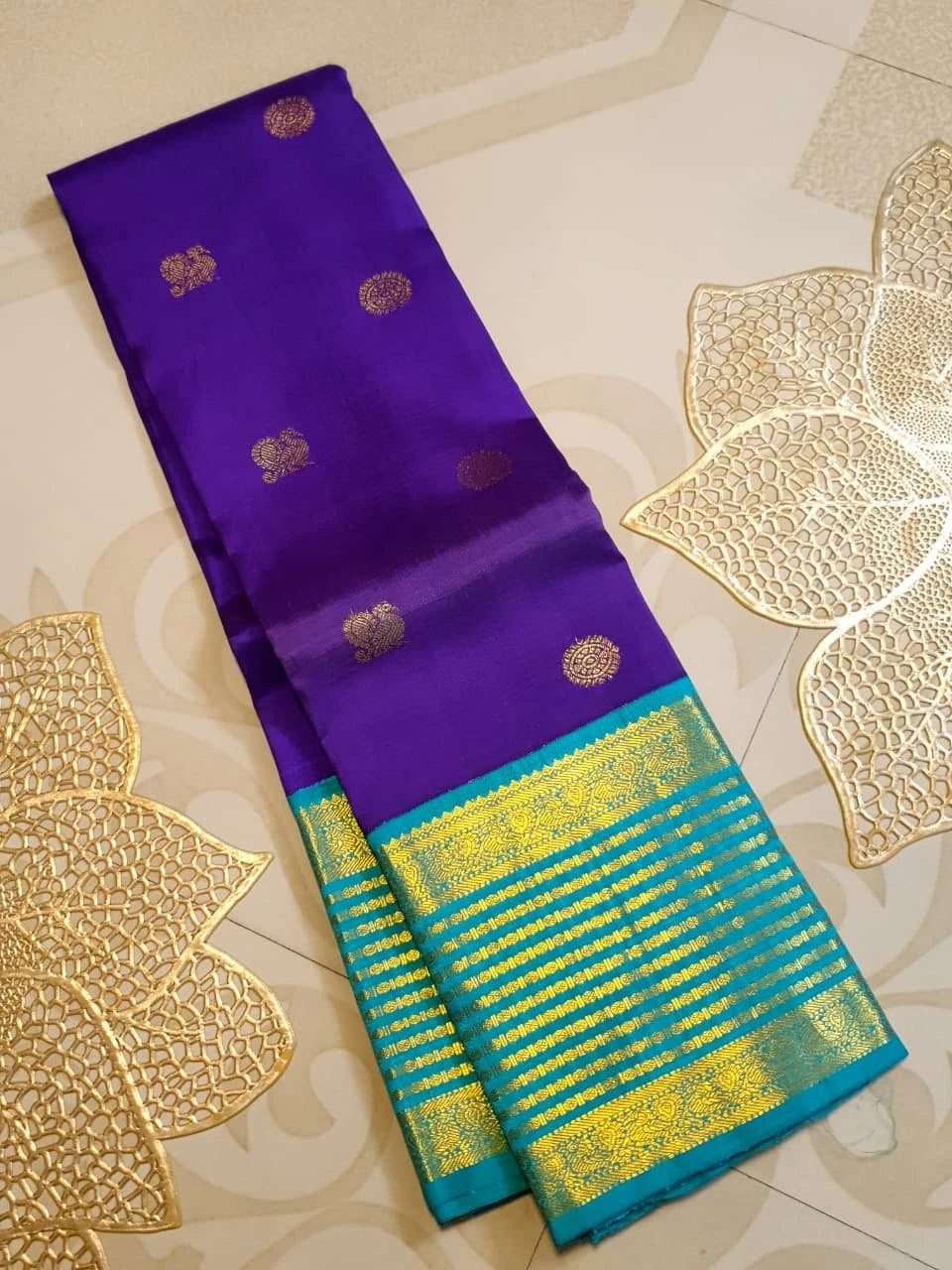 2G Pure Korvai Kanjivaram Silk Saree in Rich Purple with Turquoise Blue Peacock Border and Peacock Butta | Silkmark Certified