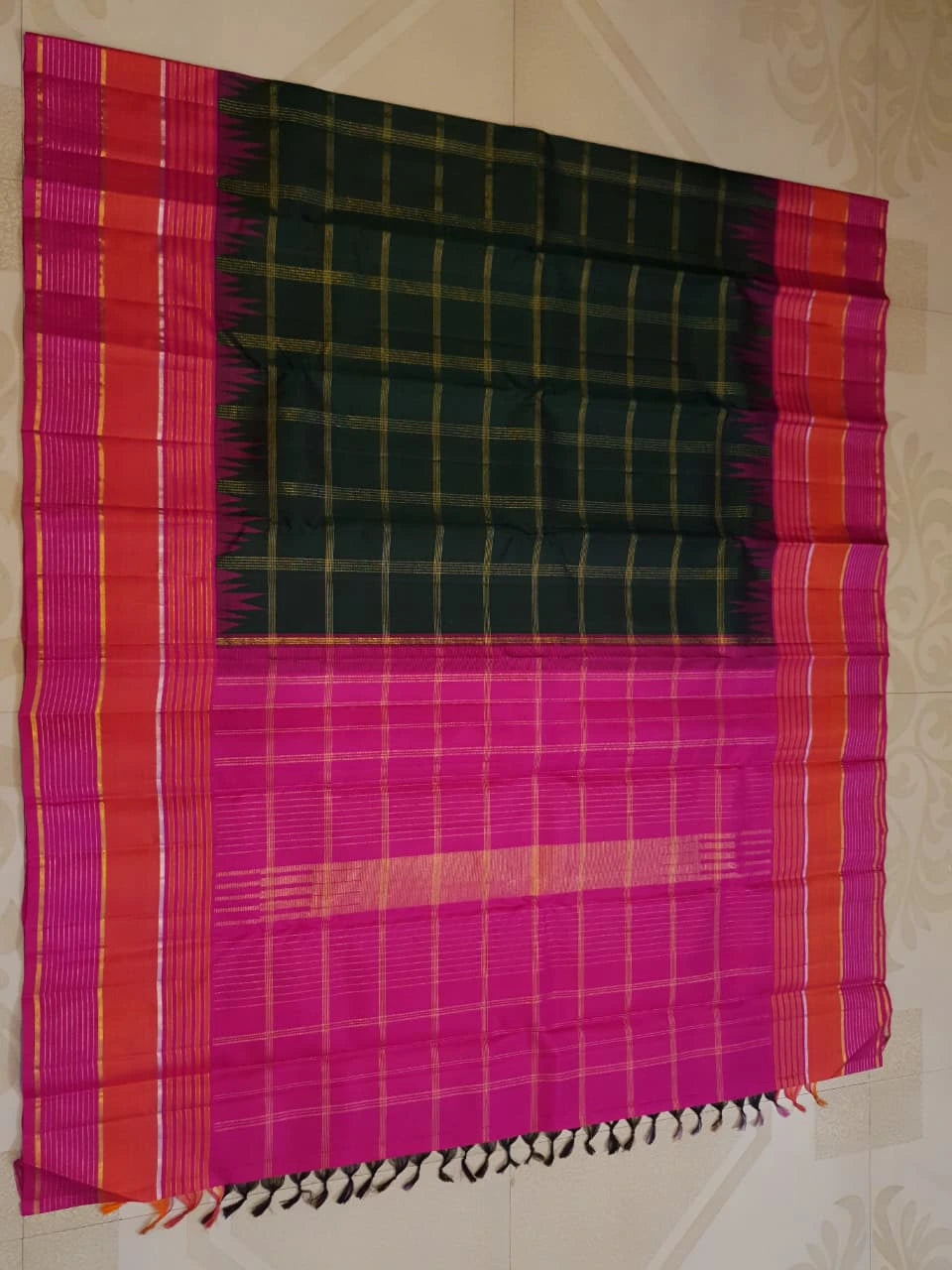 2G Pure Kanjivaram Silk Saree in Bottle Green with Magenta and Coral Pink Contrast Border, Checks and Gold Zari | Silkmark Certified
