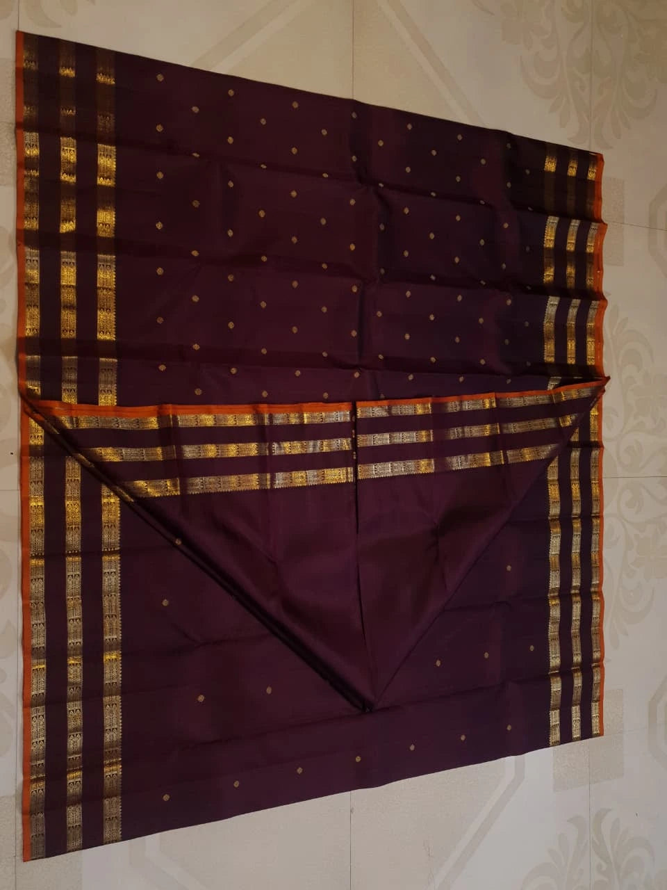 3G Pure Zari Kanjivaram Silk Saree in Deep Wine Purple with Gold Zari Buttas and Traditional Triple Zari Border | Silkmark Certified