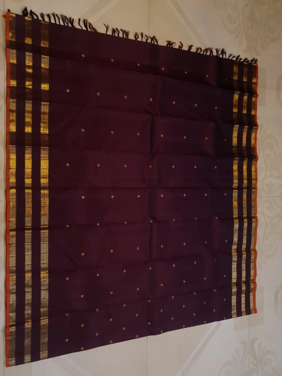 3G Pure Zari Kanjivaram Silk Saree in Deep Wine Purple with Gold Zari Buttas and Traditional Triple Zari Border | Silkmark Certified