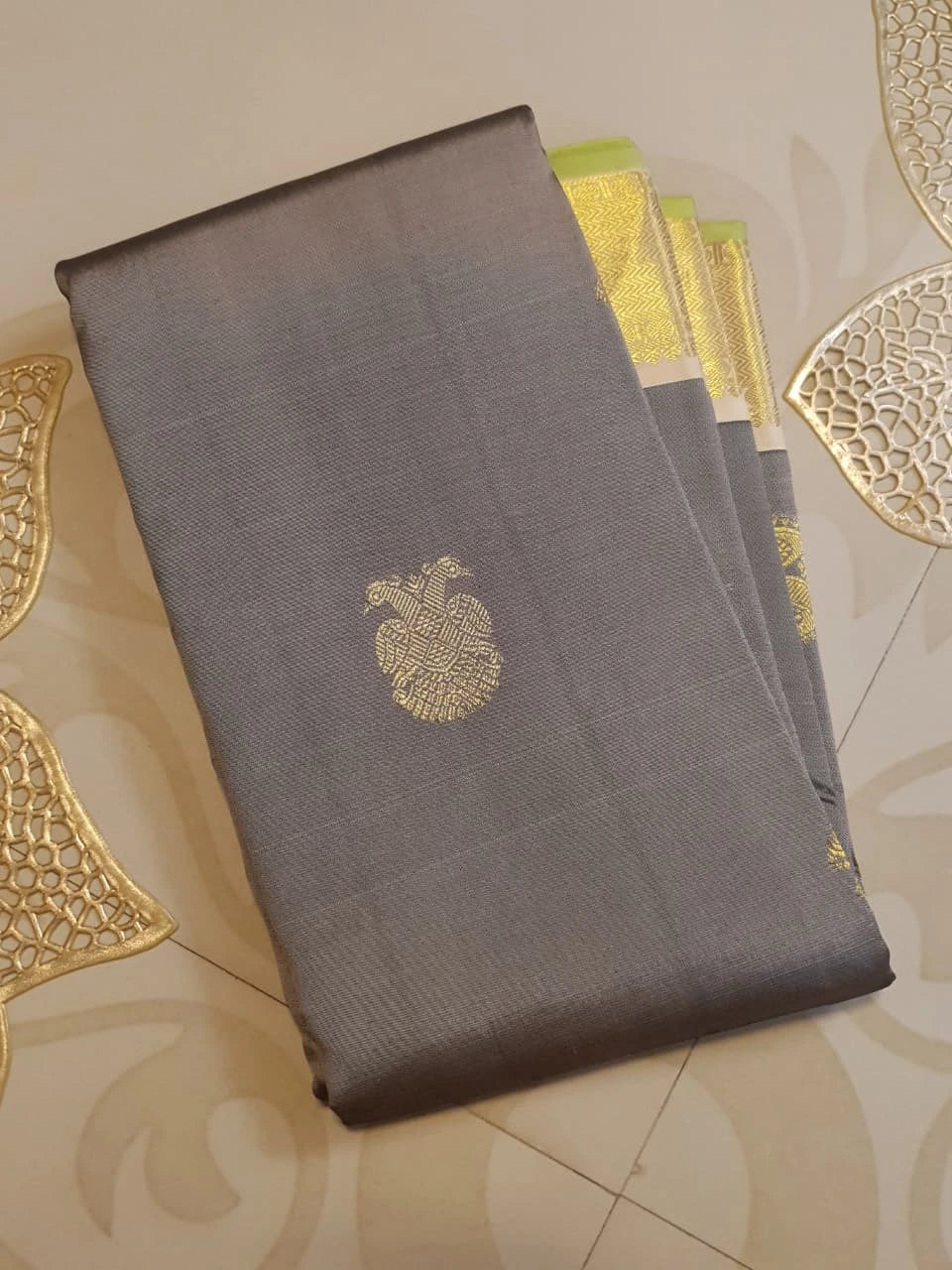 2G Pure Kanjivaram Silk Saree in Grey with Gold Zari Buttas & Green Border | Silkmark Certified