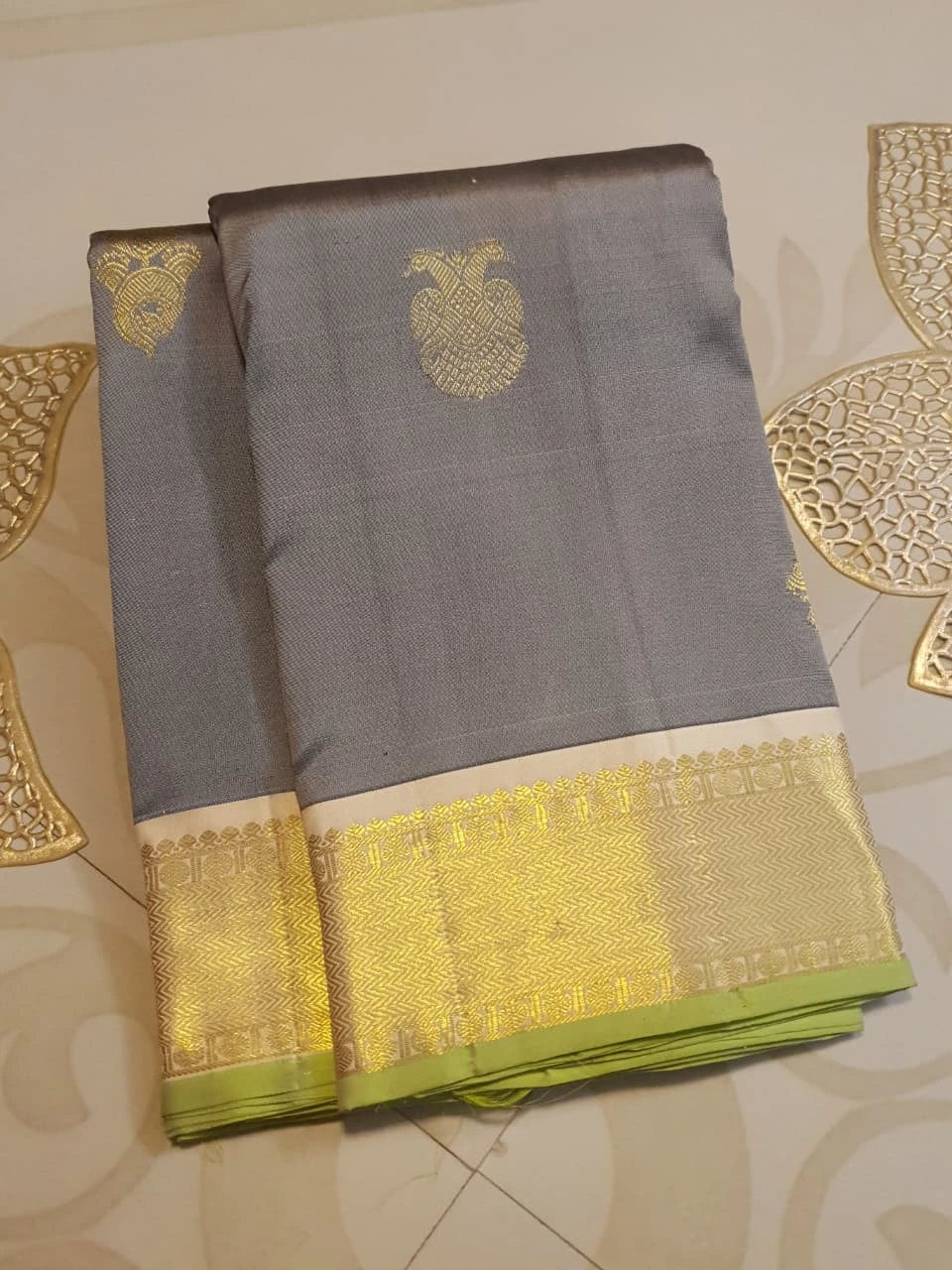 2G Pure Kanjivaram Silk Saree in Grey with Gold Zari Buttas & Green Border | Silkmark Certified