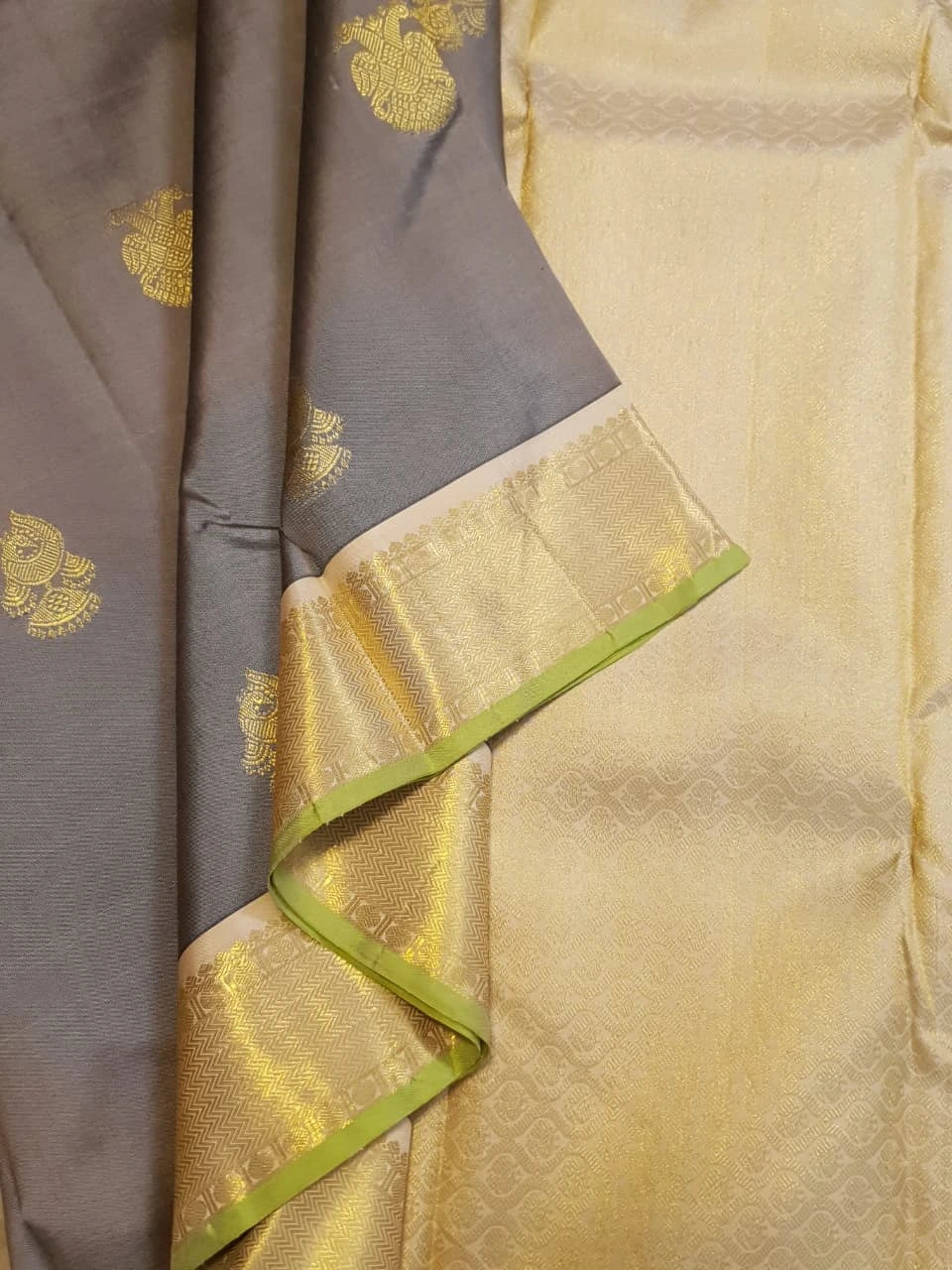 2G Pure Kanjivaram Silk Saree in Grey with Gold Zari Buttas & Green Border | Silkmark Certified