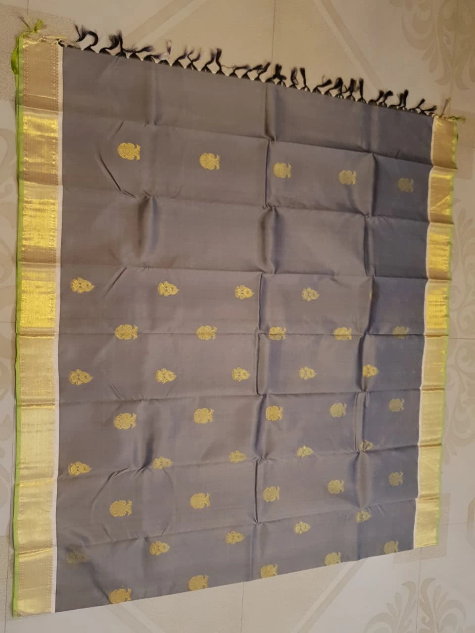 2G Pure Kanjivaram Silk Saree in Grey with Gold Zari Buttas & Green Border | Silkmark Certified