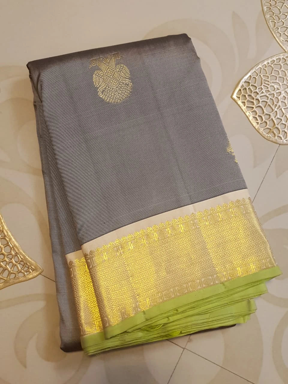 2G Pure Kanjivaram Silk Saree in Grey with Gold Zari Buttas & Green Border | Silkmark Certified