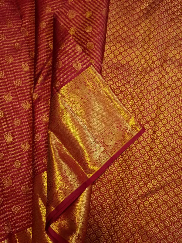 2G Pure Kanjivaram Silk Saree in Maroon Red with Rich Gold Zari Peacock Border and Traditional Buttas | Silkmark Certified