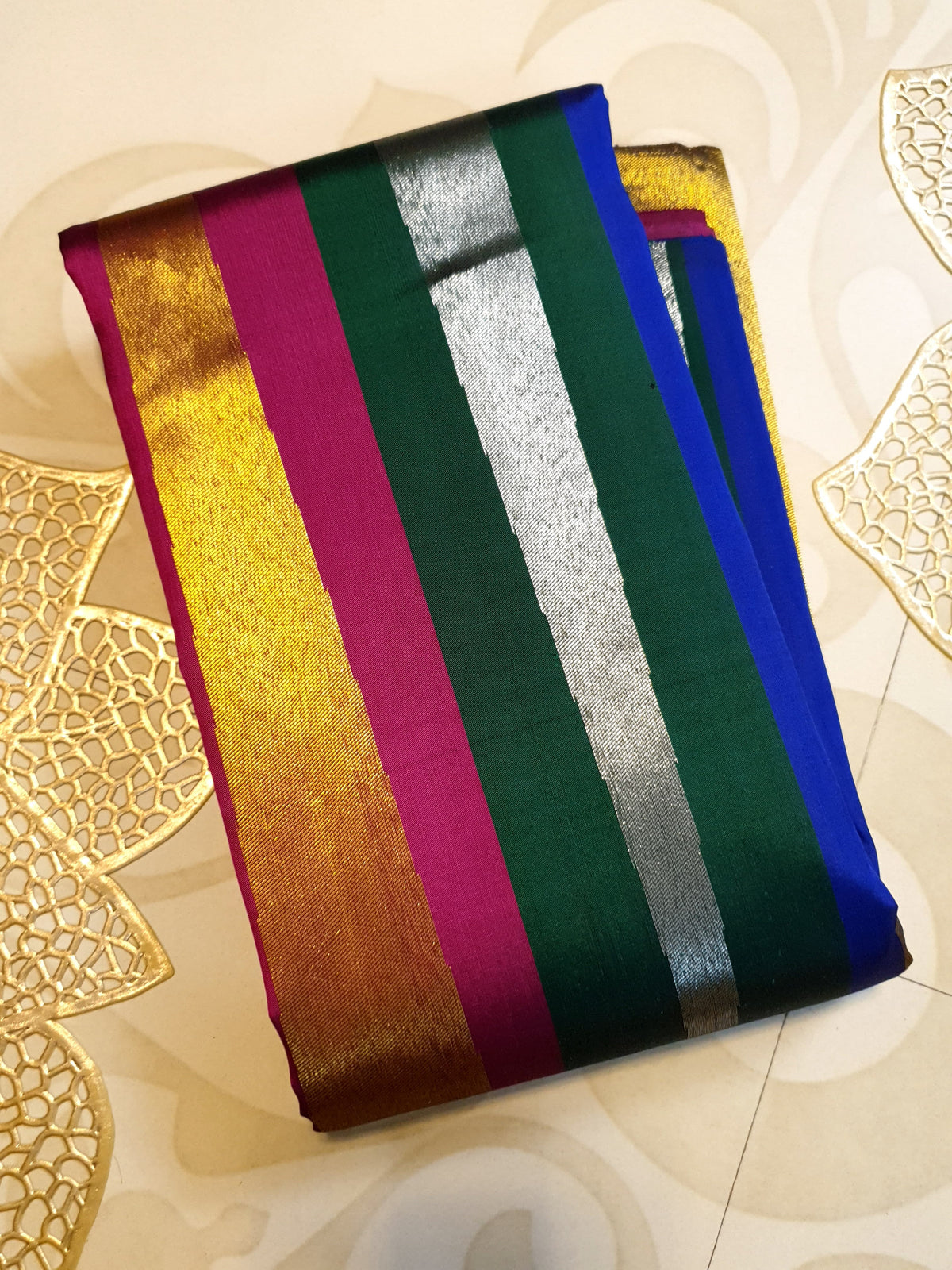 2G Pure Kanjivaram Silk Saree in Bottle Green with Multicolor Striped Zari Border | Silkmark Certified