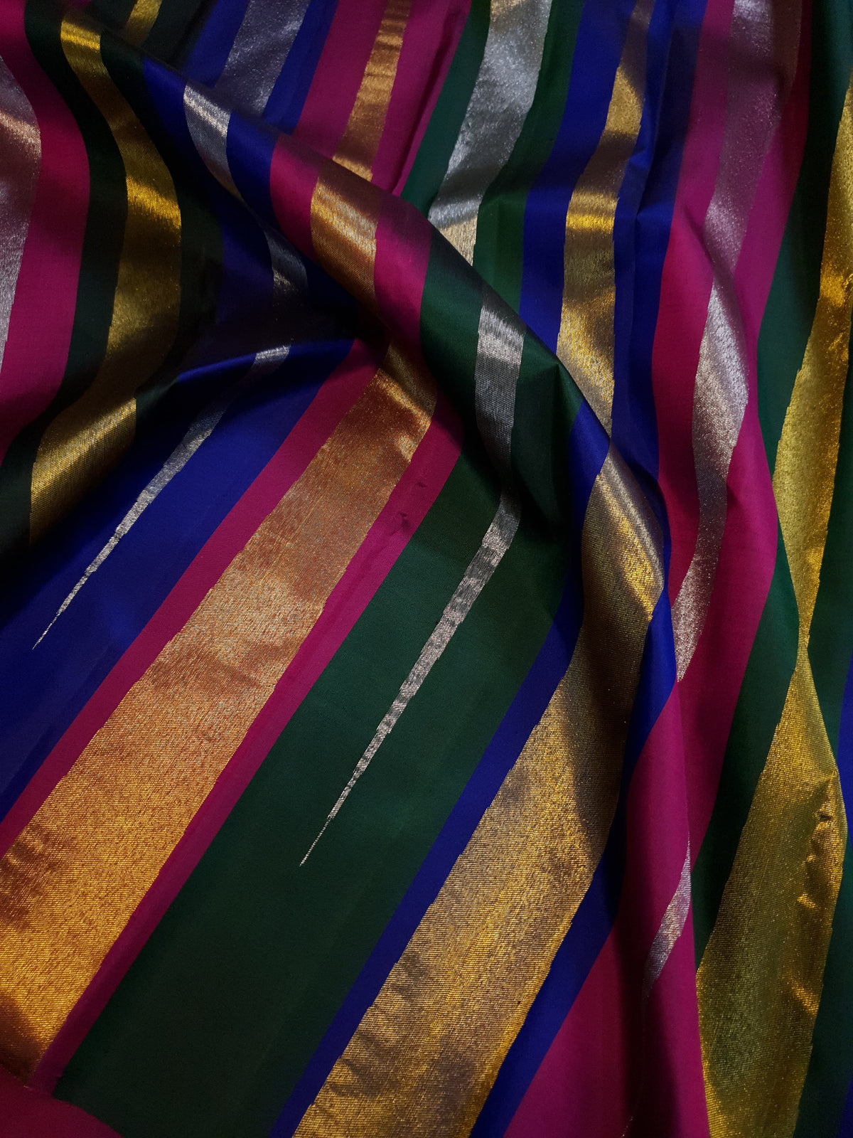 2G Pure Kanjivaram Silk Saree in Bottle Green with Multicolor Striped Zari Border | Silkmark Certified
