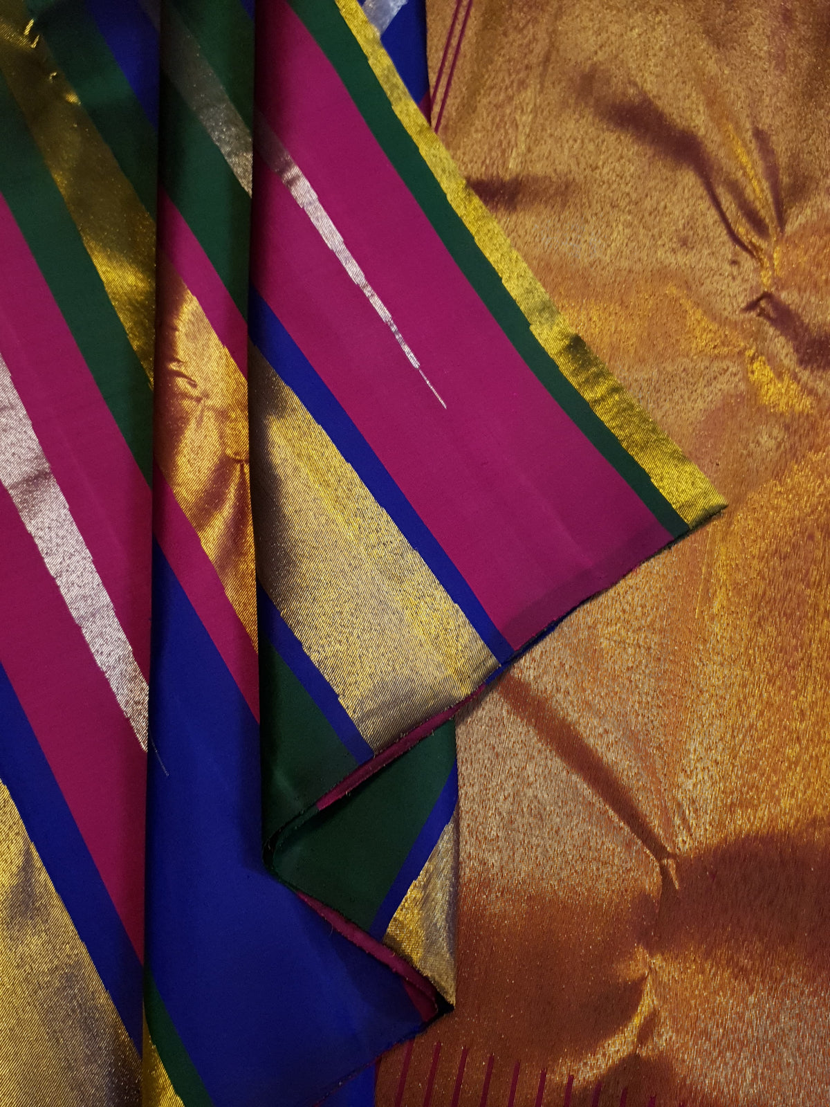 2G Pure Kanjivaram Silk Saree in Bottle Green with Multicolor Striped Zari Border | Silkmark Certified