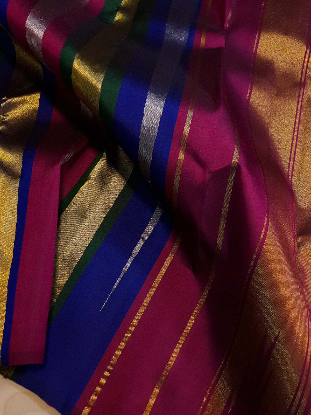 2G Pure Kanjivaram Silk Saree in Bottle Green with Multicolor Striped Zari Border | Silkmark Certified