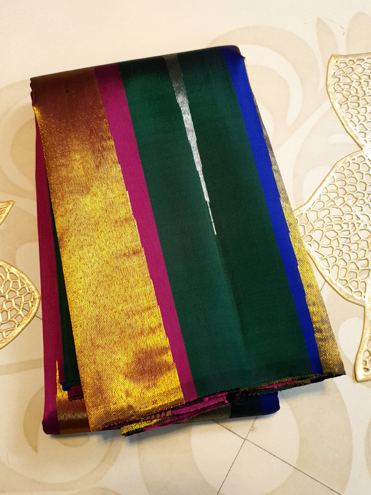 2G Pure Kanjivaram Silk Saree in Bottle Green with Multicolor Striped Zari Border | Silkmark Certified