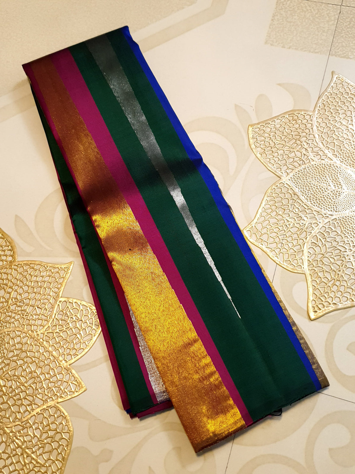 2G Pure Kanjivaram Silk Saree in Bottle Green with Multicolor Striped Zari Border | Silkmark Certified