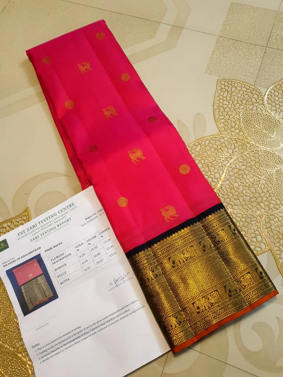 3G Pure Zari Kanjivaram Silk Saree in Bright Pink with Traditional Gold Zari Buttas and Rich Black Zari Elephant Border | Silkmark Certified
