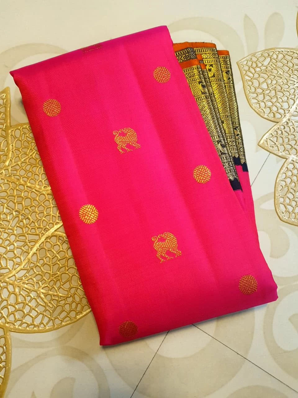 3G Pure Zari Kanjivaram Silk Saree in Bright Pink with Traditional Gold Zari Buttas and Rich Black Zari Elephant Border | Silkmark Certified