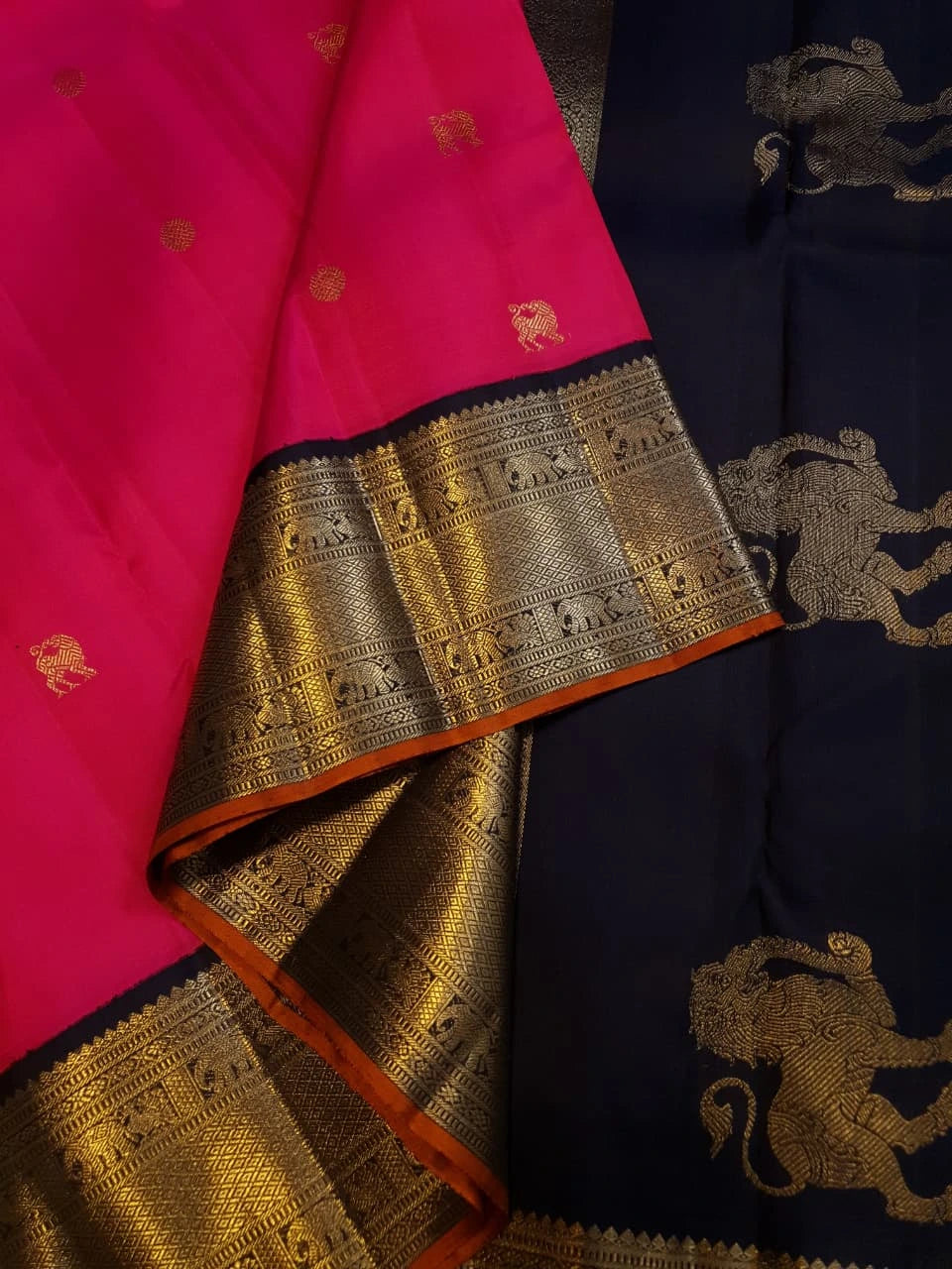 3G Pure Zari Kanjivaram Silk Saree in Bright Pink with Traditional Gold Zari Buttas and Rich Black Zari Elephant Border | Silkmark Certified