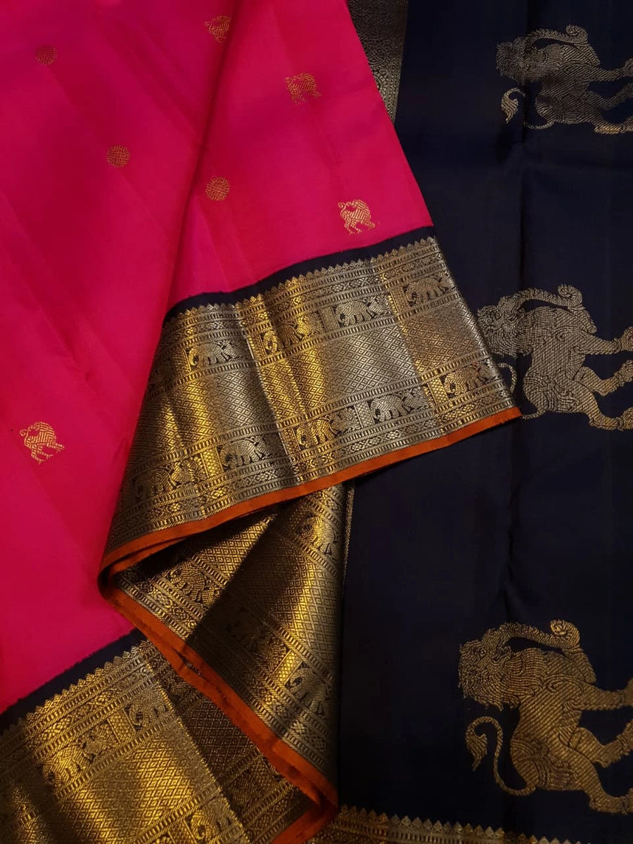 3G Pure Zari Kanjivaram Silk Saree in Bright Pink with Traditional Gold Zari Buttas and Rich Black Zari Elephant Border | Silkmark Certified