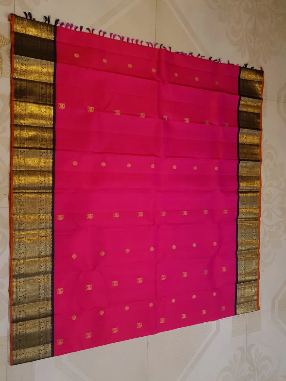 3G Pure Zari Kanjivaram Silk Saree in Bright Pink with Traditional Gold Zari Buttas and Rich Black Zari Elephant Border | Silkmark Certified