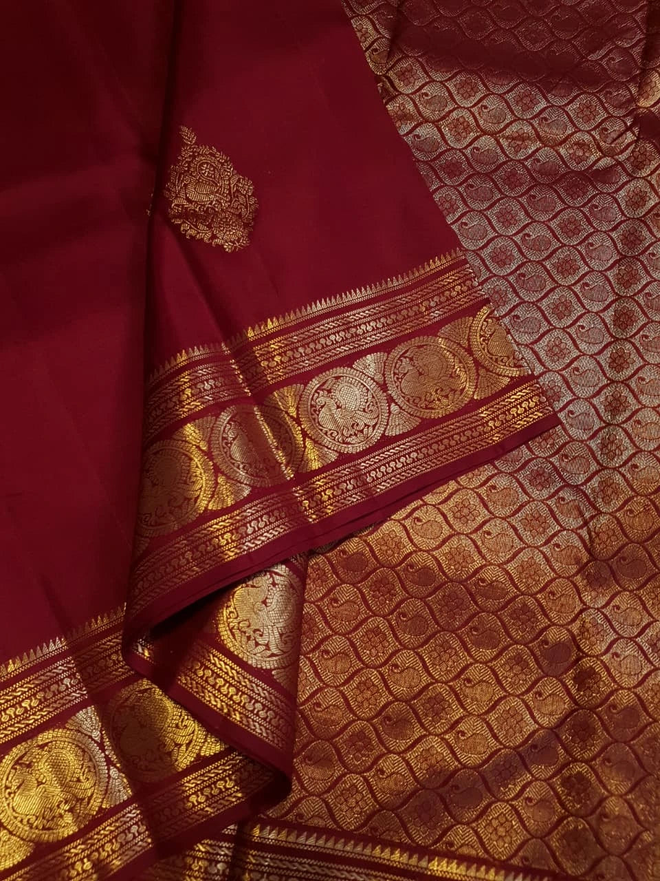 2G Pure Kanjivaram Silk Saree in Deep Maroon with Rich Gold Zari Peacock Butta and Traditional Coin Border | Silkmark Certified