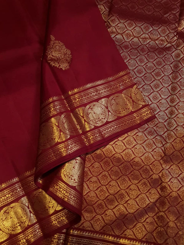 2G Pure Kanjivaram Silk Saree in Deep Maroon with Rich Gold Zari Peacock Butta and Traditional Coin Border | Silkmark Certified