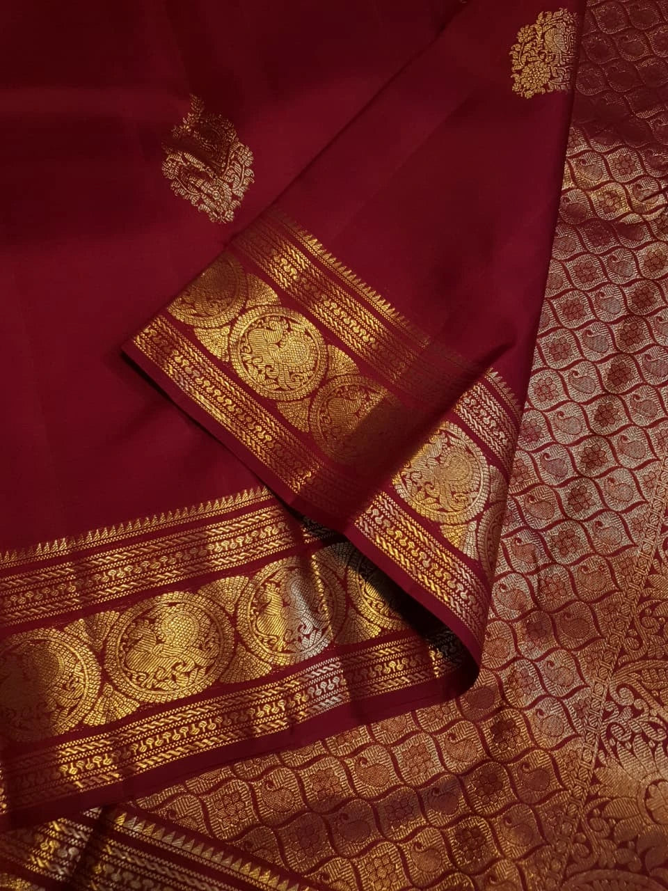 2G Pure Kanjivaram Silk Saree in Deep Maroon with Rich Gold Zari Peacock Butta and Traditional Coin Border | Silkmark Certified