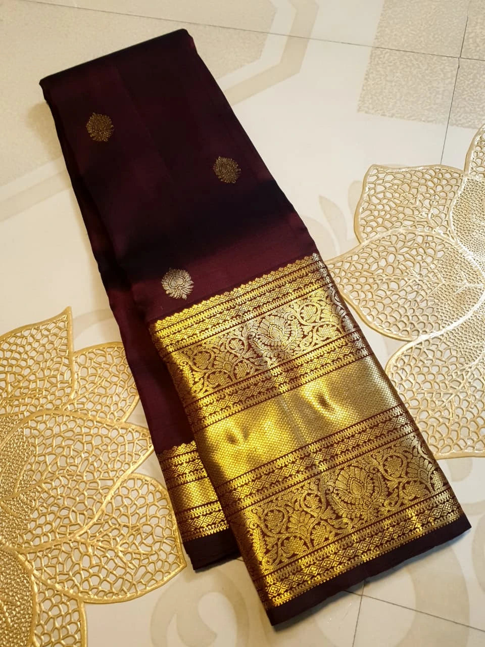 2G Pure Kanjivaram Silk Saree in Rich Brown with Gold Zari Floral Buttas and Traditional Broad Border | Silkmark Certified