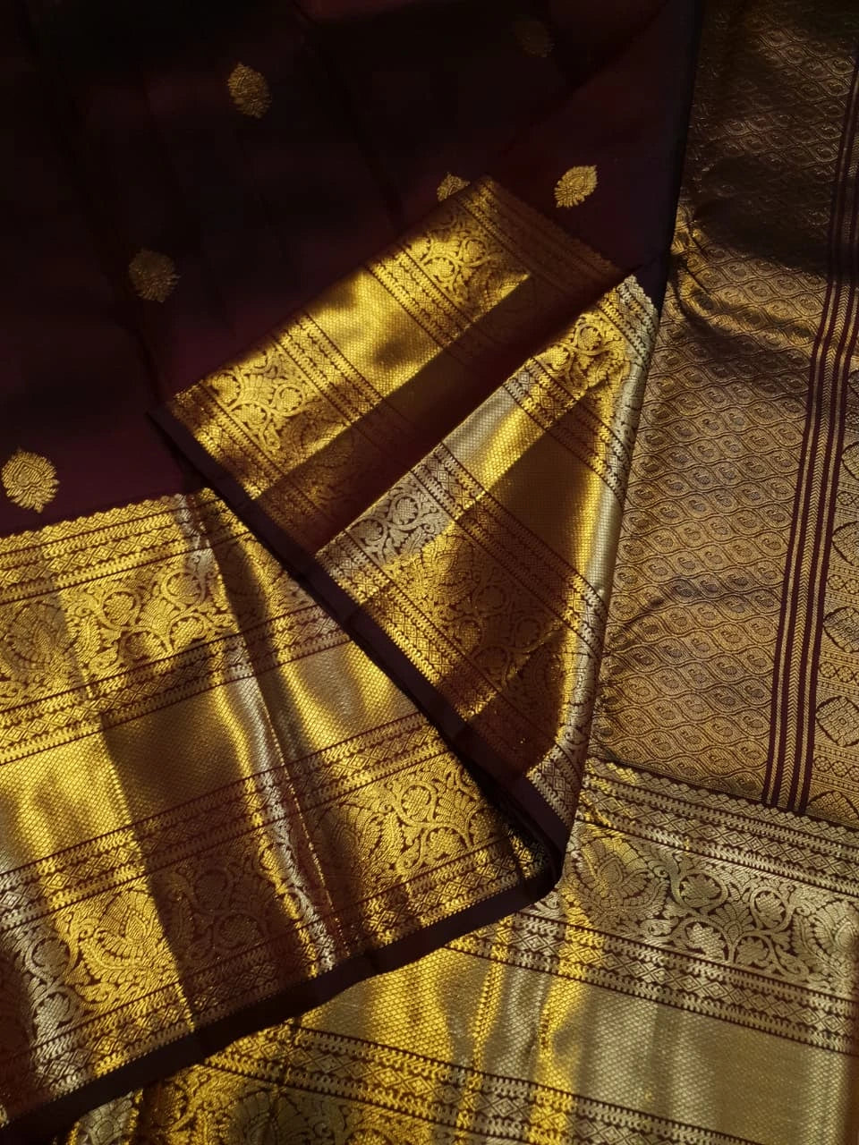 2G Pure Kanjivaram Silk Saree in Rich Brown with Gold Zari Floral Buttas and Traditional Broad Border | Silkmark Certified