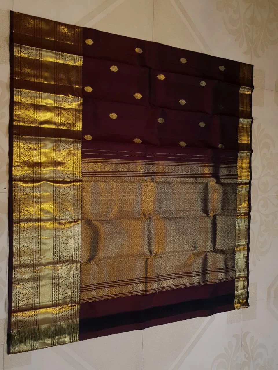 2G Pure Kanjivaram Silk Saree in Rich Brown with Gold Zari Floral Buttas and Traditional Broad Border | Silkmark Certified